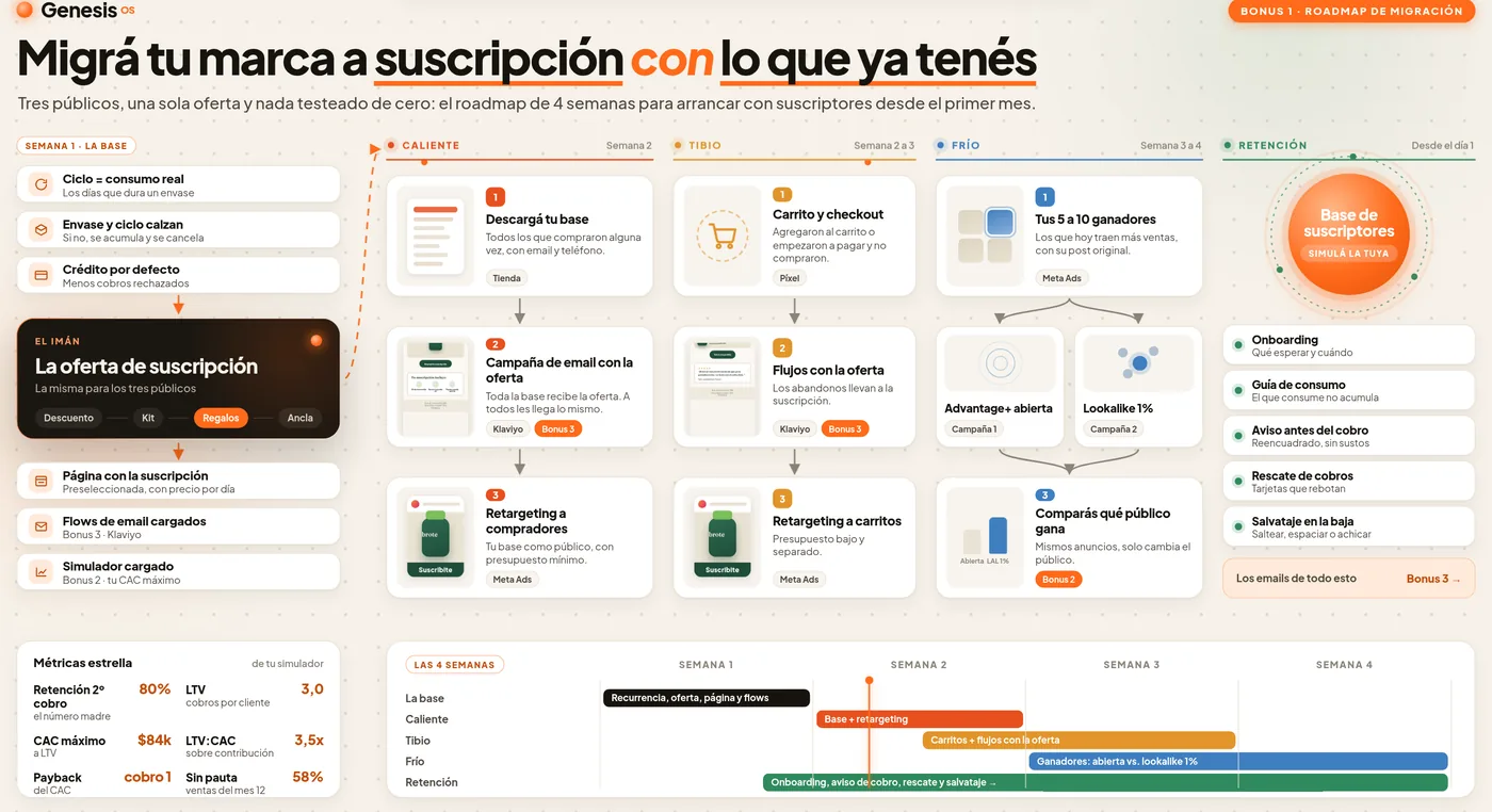Board del roadmap: semana 1, los públicos caliente, tibio y frío, la retención y el Gantt de 4 semanas